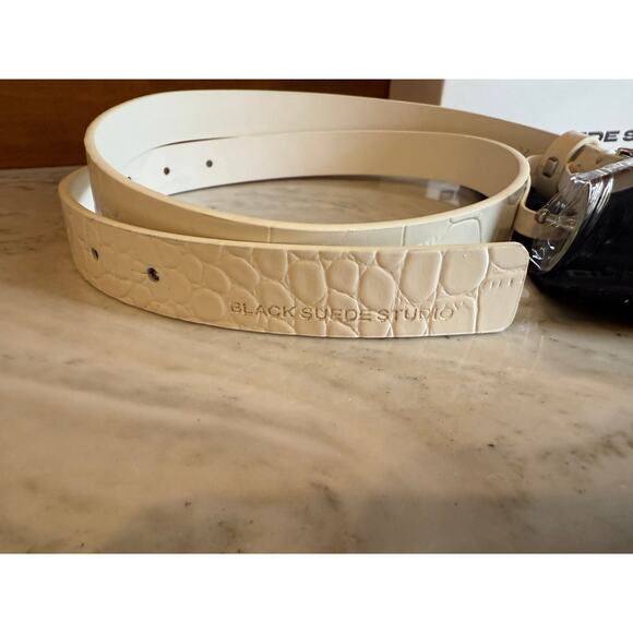 Black Suede Studio Slim Leather City Belt White Croc Silver Buckle M main image 8